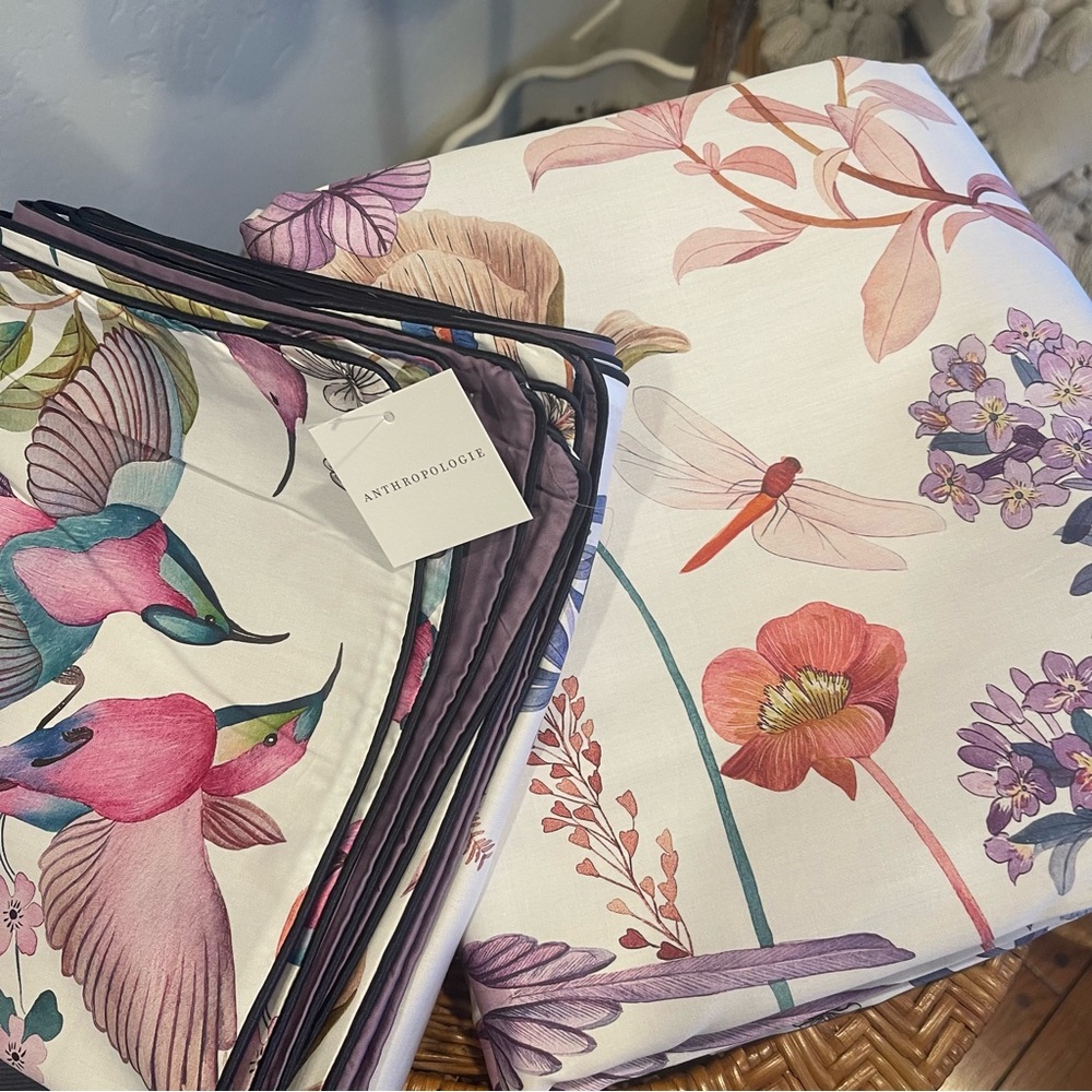 NEW Anthro Purple Floral Bird Boho Cotton Queen / King Bedding Duvet & Sham Set - Picture 12 of 13